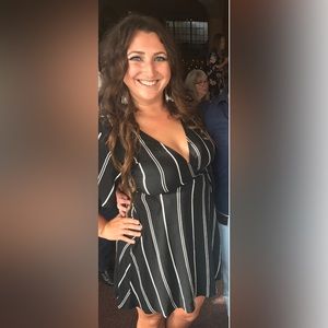 Black and white stripes faux wrap dress